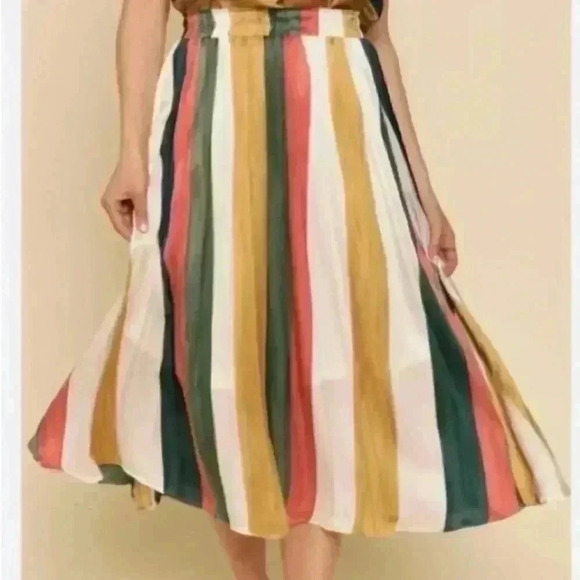 🎆Mystery Satin stripe skirt elastic waist small gold green orange cream midi - Picture 2 of 9